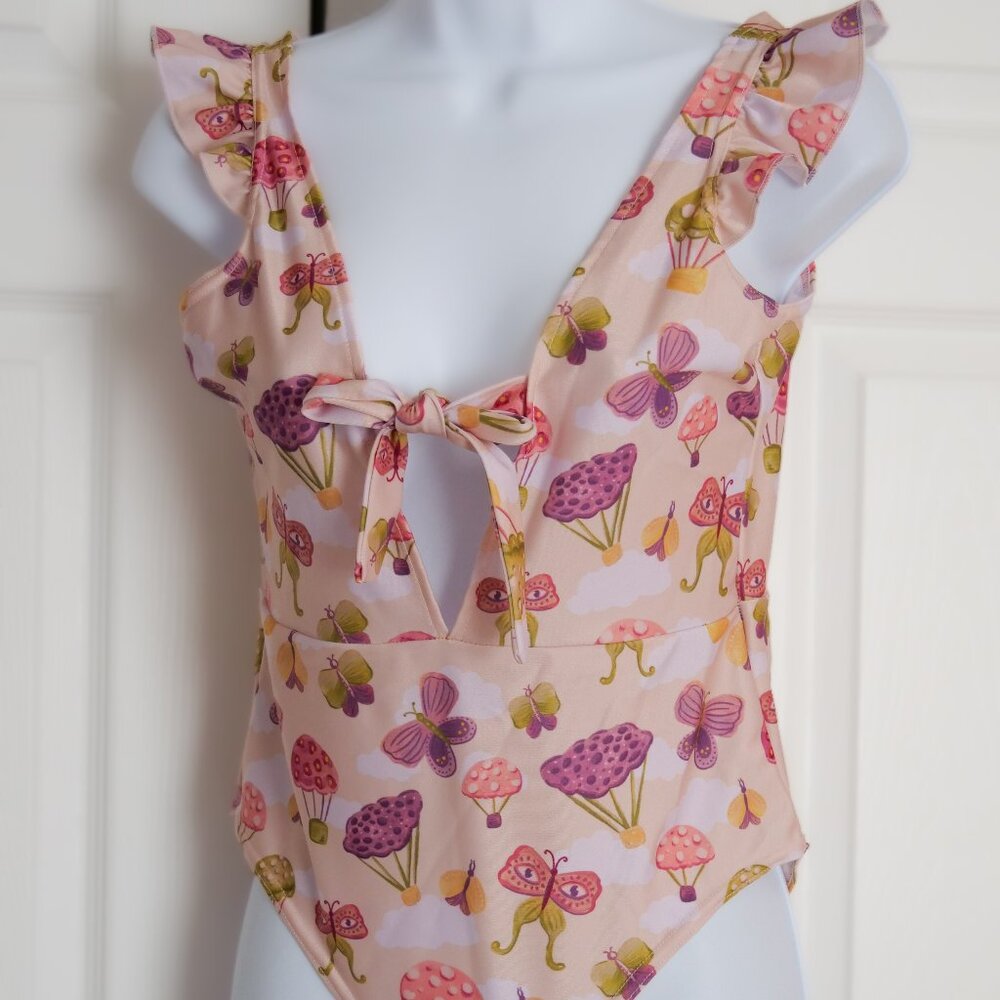 Banana Pintada Custom Ruffle-Sleeve Pink Mushroom Bodysuit Swimsuit SIZE S